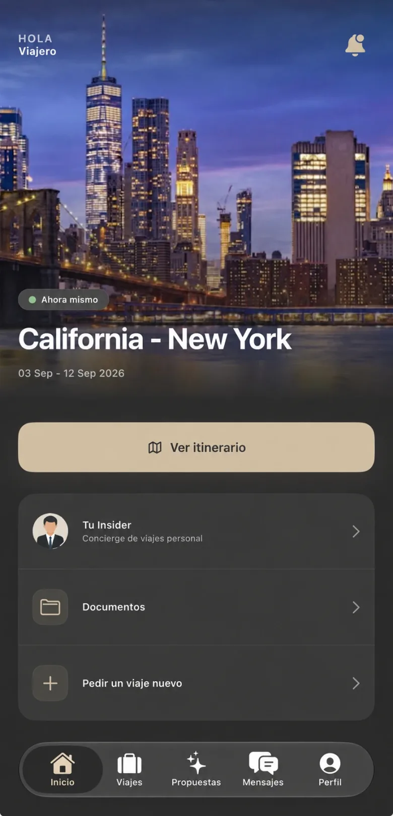 Pantalla de Insider OS con un viaje activo entre California y Nueva York