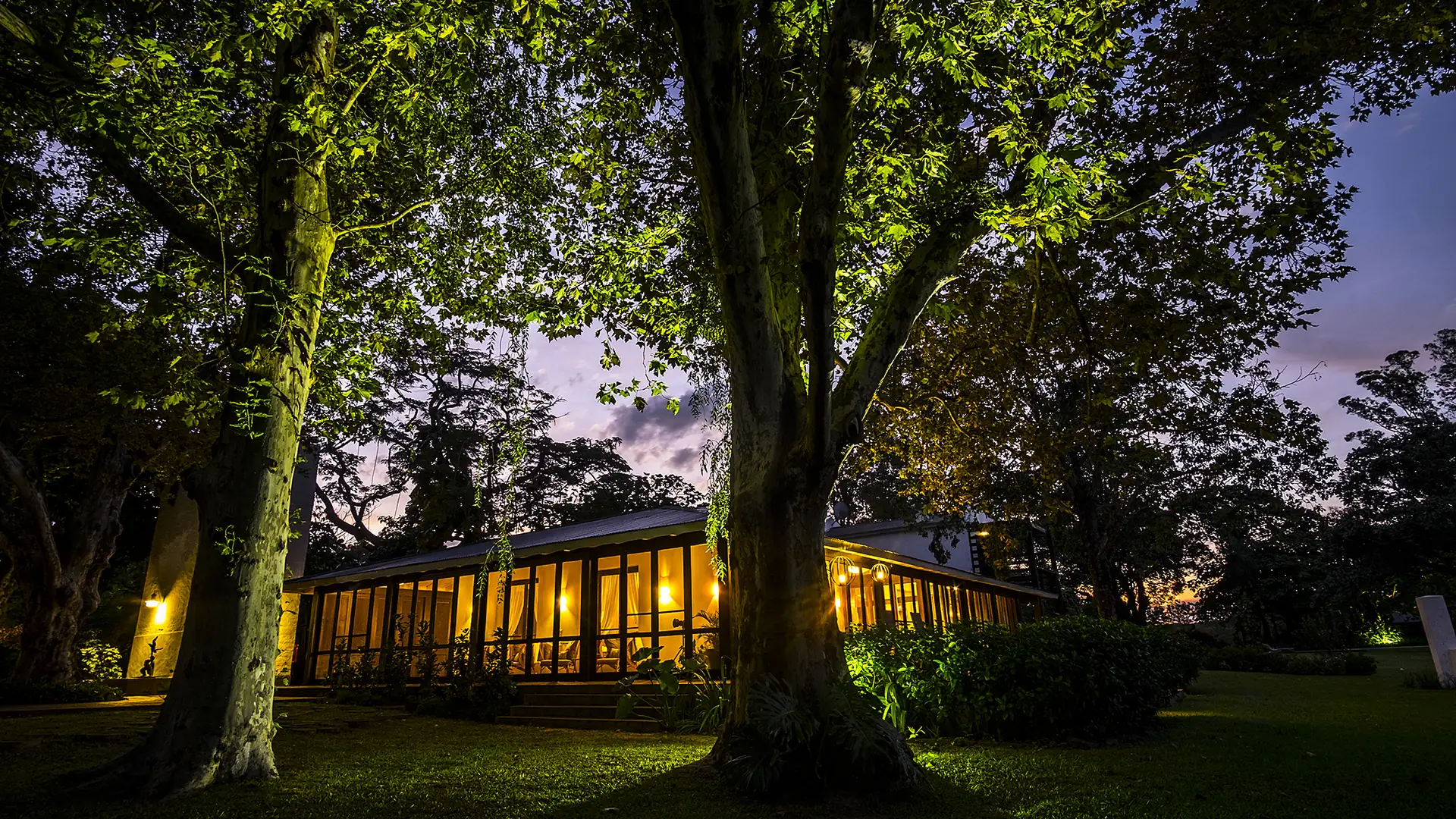 El salón vidriado de los espacios comunes iluminado al atardecer, entre los árboles del parque